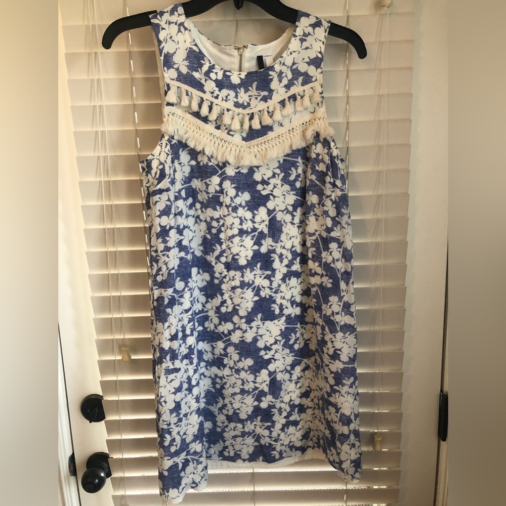Blue and white dress with tassel detail